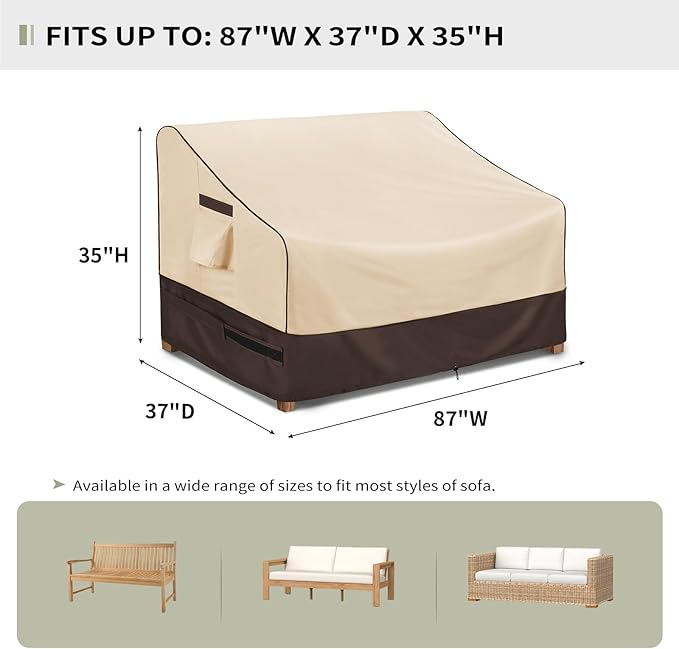 KylinLucky Heavy Duty Patio Sofa Cover 87W x 37D x 35H inches, Waterproof 3-Seater Outdoor Couch Cover for Loveseat & Bench with Air Vents, All-Weather Black Furniture Protector