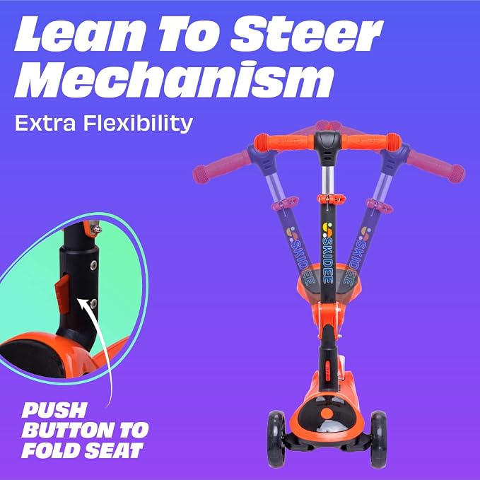 SKIDEE Kick Scooter for Kids Ages 3-5 | Foldable 3 Wheel Scooter with Lean-to-Steer, Adjustable Height, Removable Seat & LED Light Wheels | Toddler Scooter Up to 12 Year Old Boys/Girls