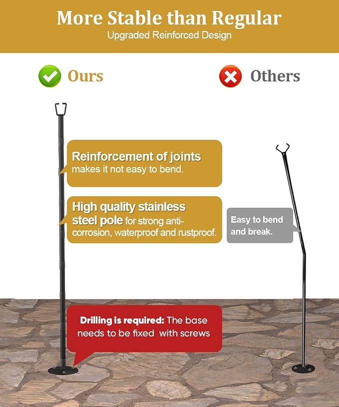 10FT String Light Poles for Outdoor Decor, Sturdy Light Pole with Hard Ground Base, Adjustable Metal Posts for Outside Patio, Backyard, Deck, Garden, Party, Wedding