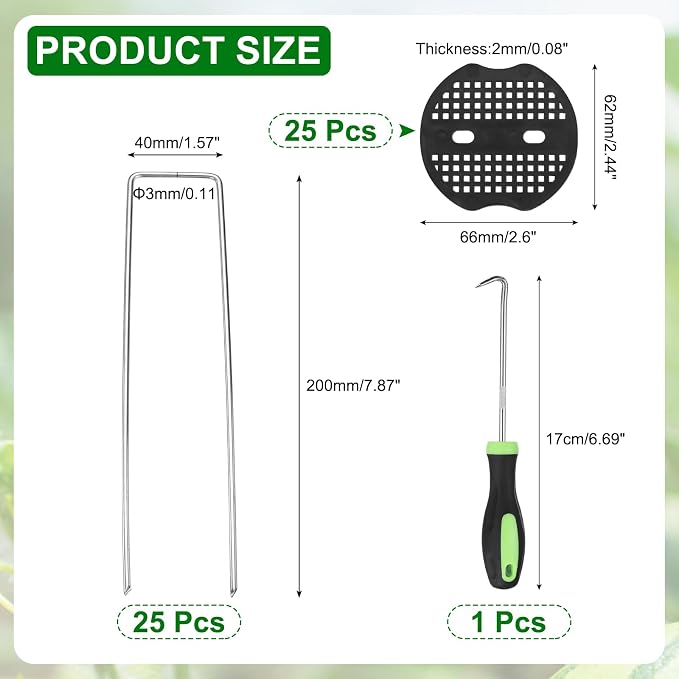 uxcell 25Pcs Garden Stakes, 8 Inch 11 Gauge Galvanized Landscape Staples U-Type Turf Stake Sod Pin Plant Stakes with Gasket&Hook for Landscaping Securing Weed Barrier Fabric, Silver