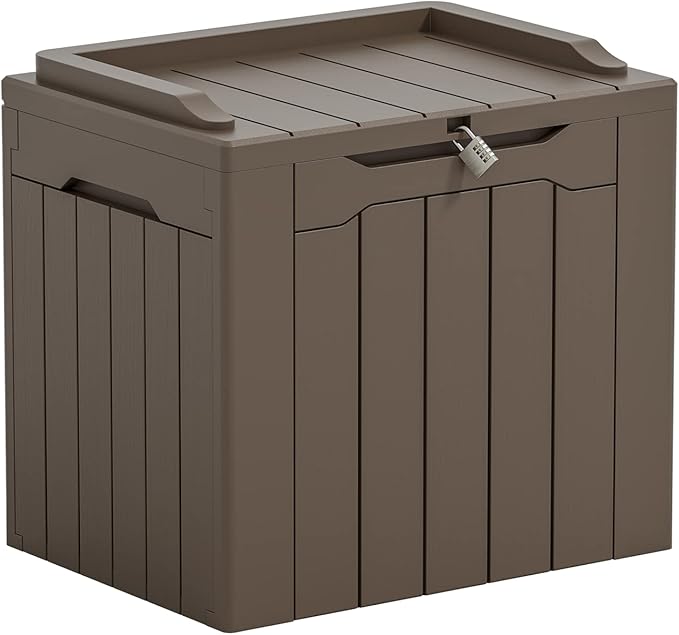 Greesum 31 Gal Resin Deck Box,Outdoor Storage for Patio,Garden Tools,Pool Supplies, Weatherproof and UV Resistant, Lockable, Dark Brown