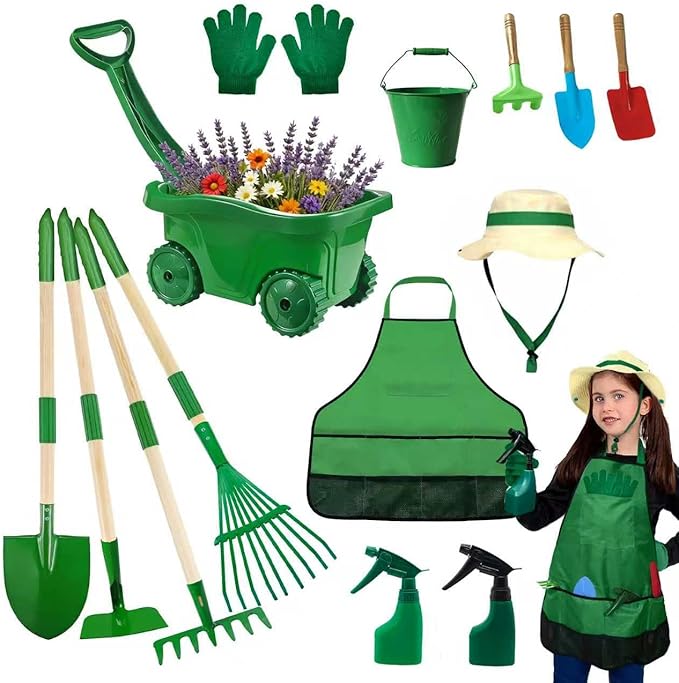 Kids Gardening Tools Set,15Pcs Wheelbarrow Set for Kids with Shovel, Rake, Watering Can Outdoor Backyard Farm Digging Toys, Halloween Christmas Birthday Gifts for Boys Girls