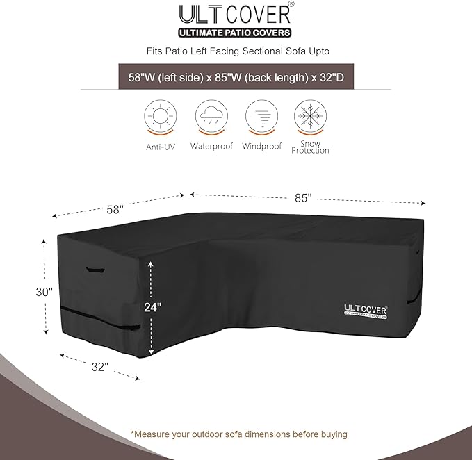 ULTCOVER Patio L-Shaped Left Facing Sofa Cover Waterproof for 4-Seater Outdoor Sectional Furniture Couch 58”W (Left Side) x 85”W (Back Length), Black