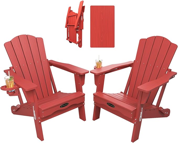 THOEOE Folding Adirondack Chair Set of 2, HDPE All-Weather Outdoor Chair with Cup Holder, Wooden Textured, Fire Pit Chair, Plastic Patio Chair for Deck, Backyard, Garden, Lawn, Red