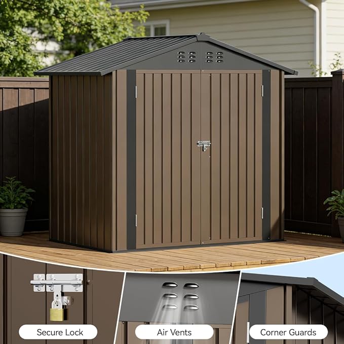 COMHOMA Shed Storage Outdoor Metal Windowed Lockable Solar Motion Light Adjustable Weatherproof Ventilated Backyard Garden Utility Workshop(Brown,6'*4')