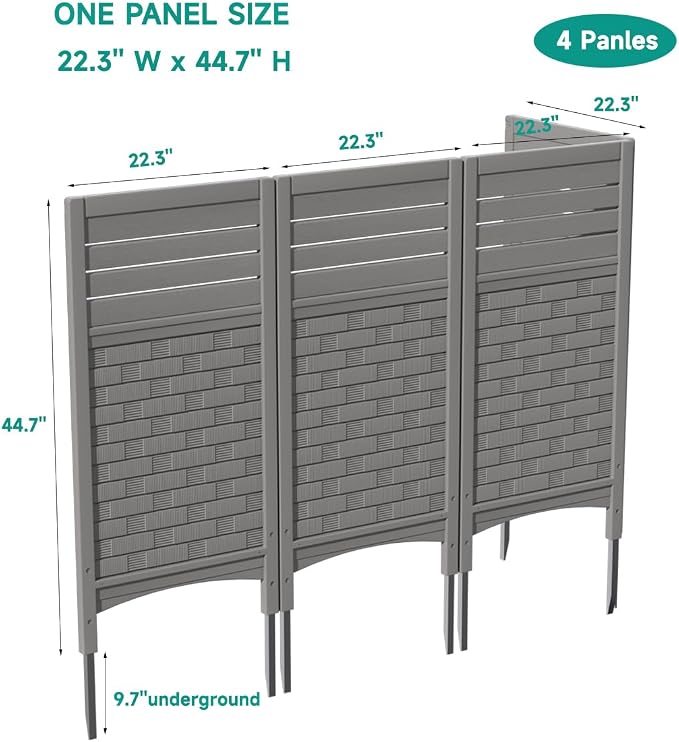 KINYING Air Conditioner Fence Privacy Screen,4 Panels Pool Equipment Trash Can Enclosure Screen for Outdoor,Resin Fence Panels Kit,45" (H) x 22" (W) Per Panel, Grey