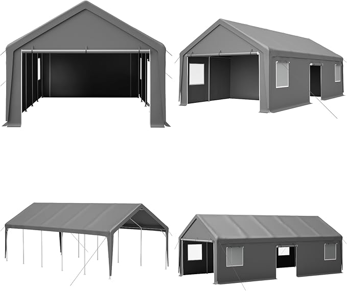 13x26 FT Heavy Duty Carport, Outdoor Storage Shed Tent with 2 Roll-Up Doors, 1 Side Door, Removable End Walls & Windows, All-Weather Portable Garage Shelter with 12-Leg Stability Frame, Grey