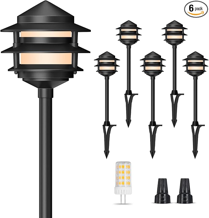 Gardencoin Pagoda Low Voltage Landscape Pathway Lights, 12V Outdoor LED Path Lights Wired, Aluminum Walkway Lighting with 4W 2700K Replaceable G4 Bulb, Classic 3-Tier Lantern, 6 Pack