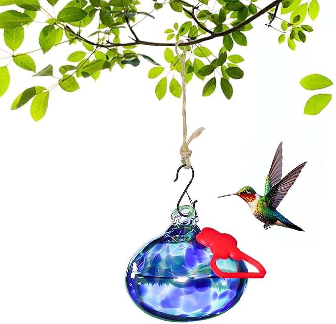 Pozfun Small Hummingbird Feeders for Outdoors Hanging,Hand-Blown Glass Hummingbird Feeder with Silicone Feeding Perch,Never Leak,Gardening Gifts for Woman Man