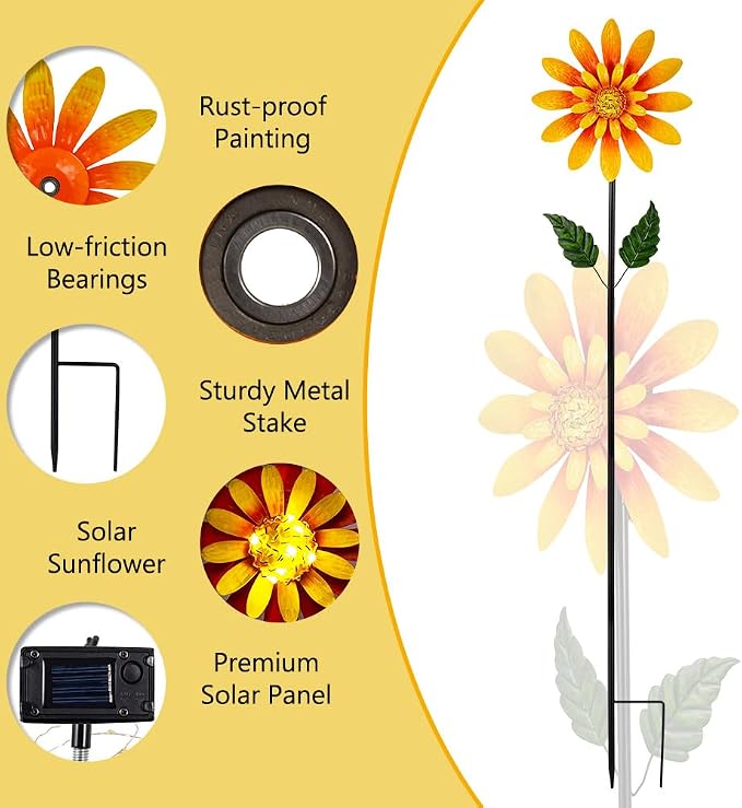 Viveta Solar Sunflower Wind Spinner,Metal Wind Sculpture, Kinetic Garden Spinner,Pinwheel Decor for Yard and Garden Lawn Patio