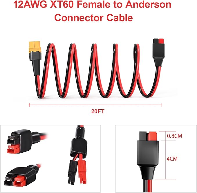 ELFCULB XT60 to Anderson Adapter, 12AWG XT60 Female to Anderson Connector Cable for Portable Power Station UAV RC Battery (10FT)