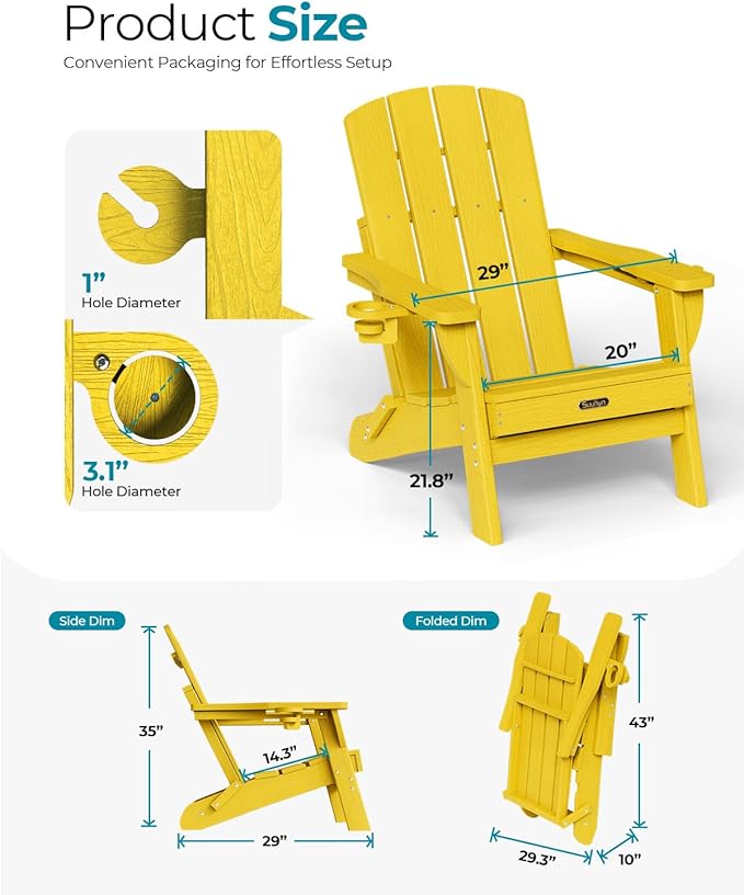 Folding Adirondack Chair, HDPE All-Weather Fire Pit Chairs, Plastic Adirondack Chairs with 2 Cup Holder, Outdoor Lawn Chair for Patio Garden (Yellow)