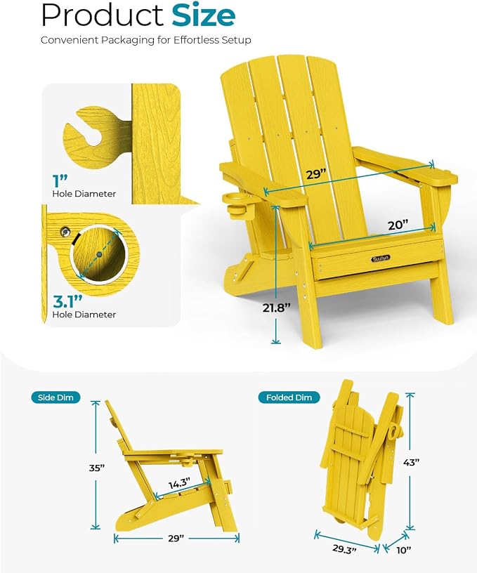 Folding Adirondack Chair Set of 4, HDPE Adirondack Chairs with 2 Cup Holder, Plastic All-Weather Fire Pit Chairs, Outdoor Lawn Chair for Patio Garden (Yellow)