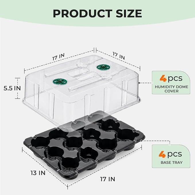 homenote 4 Inch Seed Starting Trays with Humidity Domes for Plants, 4 Pack 12-Cell Seedling Starter Trays, Plant Starter Germination Trays for Pots Seedlings for Indoor,4" Opening Compatible Pots