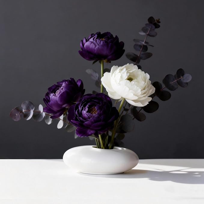 Japanese Inspired Ceramic Vase Ikebana kit, Pebble Shaped Flower Arrangement Bowl with 1.57 inch Flower Frog Pin Frog Flower Stems Holder (Small White)