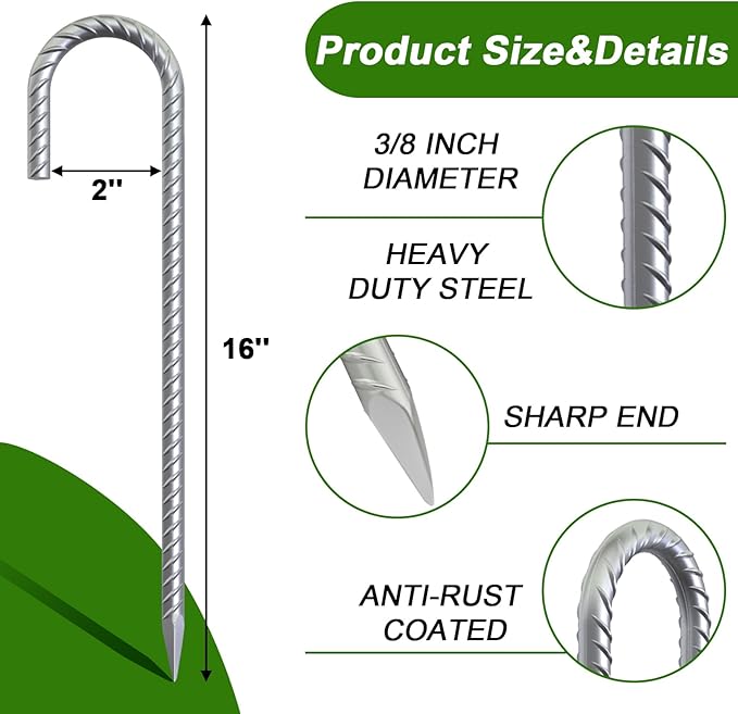 AAGUT Rebar Stakes 16 Inch J Hook Heavy Duty 8 Pack, 3/8 Inch Galvanized Metal Steel Ground Anchors Chain Link Fence Stakes for Camping Tent, Inflatables, Yard Decorations, Canopies & Swing Sets