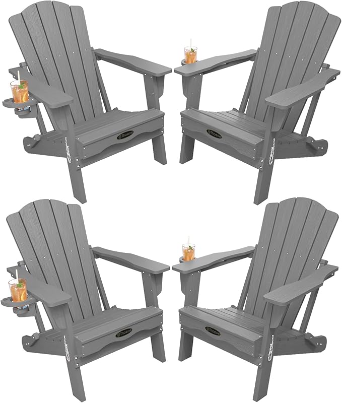 THOEOE Folding Adirondack Chair Set of 4, HDPE All-Weather Outdoor Chair with Cup Holder, Wooden Textured, Fire Pit Chair, Plastic Patio Chair for Deck, Backyard, Garden, Lawn, Grey
