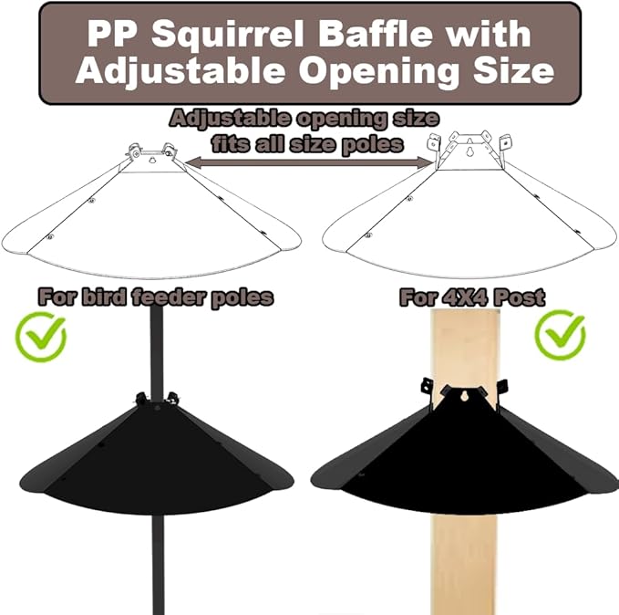 20 Inch Squirrel Baffle for Bird Feeder Pole, Adjustable Opening Size, for Up to 4x4 Inch Wide Wooden Post, Outside Pole Mount Bird House Guard for Outdoor Shepherd’s Hook.
