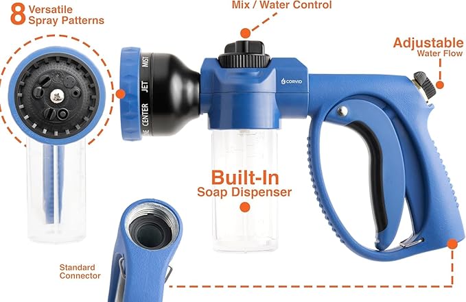 5-Pack Corvid Adjustable Nozzle with Soap Dispenser, 8-Pattern Spray Hose Nozzle for Cleaning Cars, House, and Pets - Lightweight Plastic Design