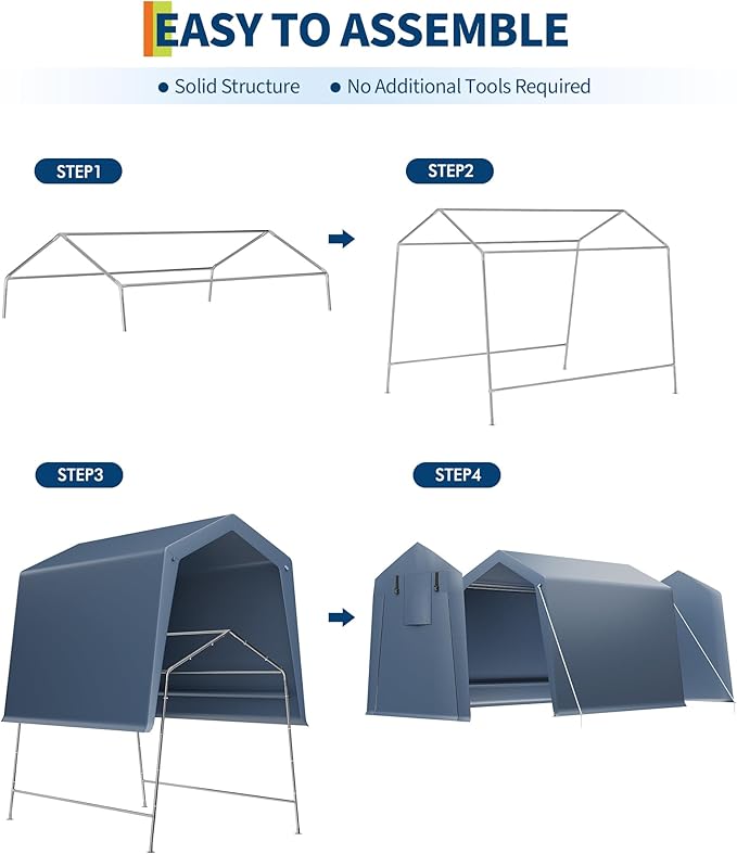6 X 8 FT Portable Shed, Motorcycle Tent with Roll-Up Ventilated Zipper Door & Windows, Heavy Duty Portable Carport with Waterproof Tarp for Motorcycle, Bike, Firewood, and Garden Tools