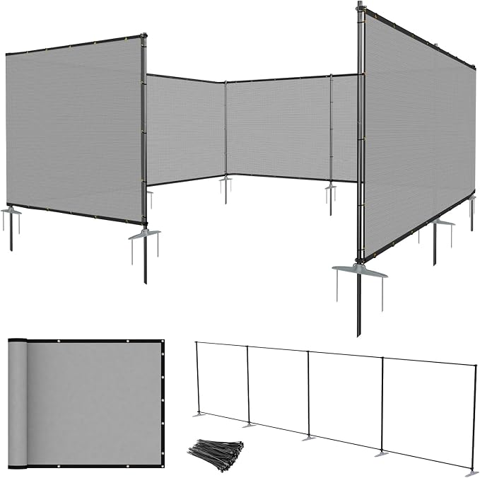 E&K 6'x65' Outdoor Privacy Screen Fence Panel Freestanding Backyard Patio Privacy Pool Fencing Temporary Garden Dog Fence with Iron Poles and Rails (Gray)