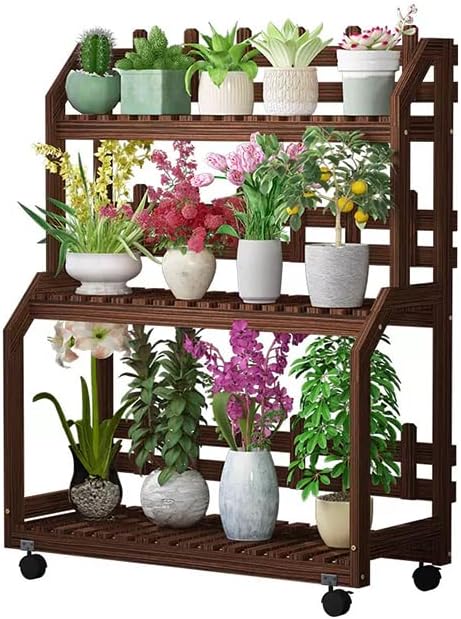 MoNiBloom 3 Tiers Plant Stand with Wheels, Outdoor Wood Plant Stands for Multiple Plants, Tiered Plant Shelf Table Plant Pot Stand for Living Room Patio Balcony