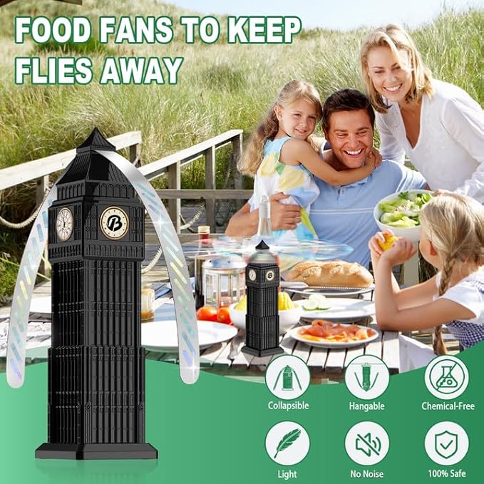 Fly Fans for Tables 4 Pack, Outdoor Fly Repellent Fan with Holographic Blades, Height Adjustable Food Protection Fan for Patio, Picnic, BBQ, Restaurant, Party