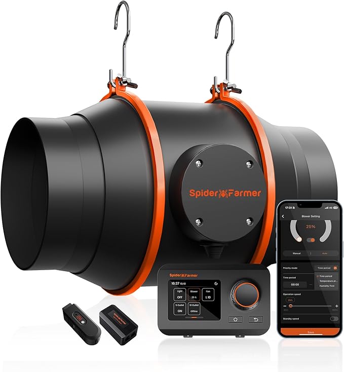 Spider Farmer 6 Inch Smart Inline Duct Fan with GGS Temperature Humidity Controller, Integrated App Control, 402 CFM Ventilation Exhaust Fan for Heating Cooling Booster, Grow Tents, Hydroponics