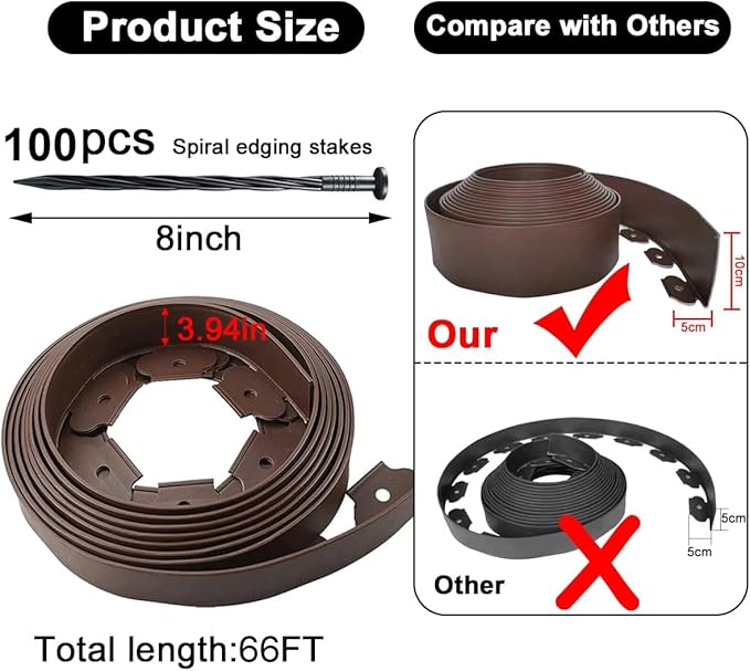 Flexible Garden Edging Borders 66FT,Landscape Edging Brown [Extra Tall 4IN High] with 100pcs Stakes,Garden Border Lawn Edging Mini Plastic Fence-Brown