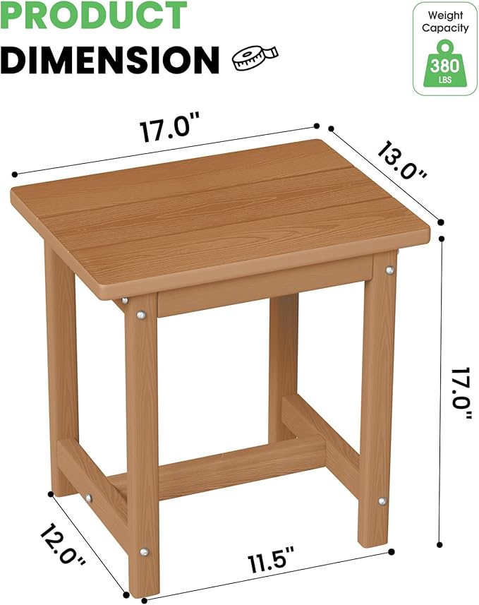Outdoor Side Table – 17" HDPE Adirondack Side Table,Sturdy Small Outdoor Tables, Weather-Resistant & Easy Assembly Patio End Tables for Garden, Balcony, Porch & Poolside (Teak)
