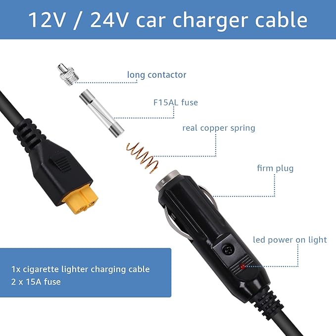 Portable12V/24V car Charger Suitable for Ecoflow Delta/River, Bluetti EB55, Anker 757/767 and XT60 connectors Solar Power Plants, Compatible with Ecoflow Wave 2 Cigarette Lighter Cables