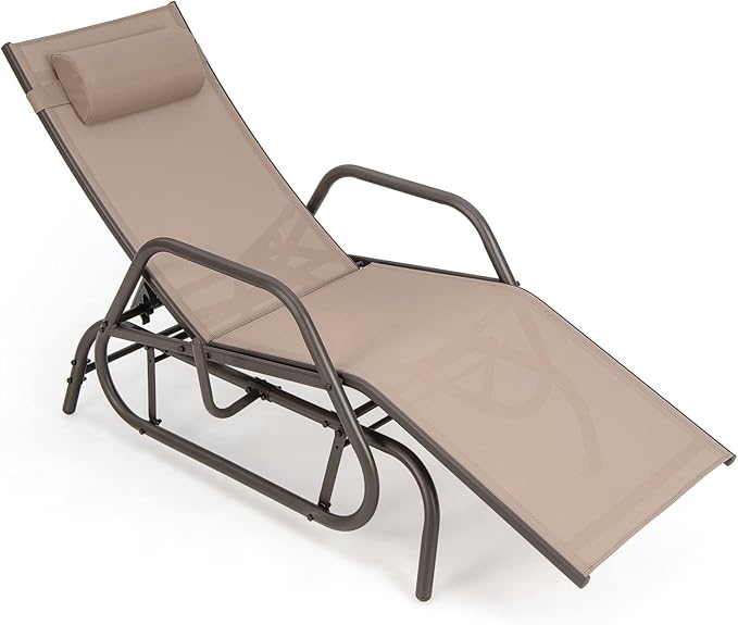 Tangkula Outdoor Glider Recliner Chair, Adjustable Backrest Patio Gliding Lounger with Armrests and Pillow, Outdoor Swinging Rocking Chair w/Breathable Fabric for Poolside, Backyard (1, Brown)