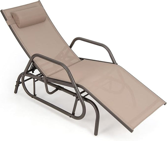 Tangkula Outdoor Glider Recliner Chair, Adjustable Backrest Patio Gliding Lounger with Armrests and Pillow, Outdoor Swinging Rocking Chair w/Breathable Fabric for Poolside, Backyard (1, Brown)