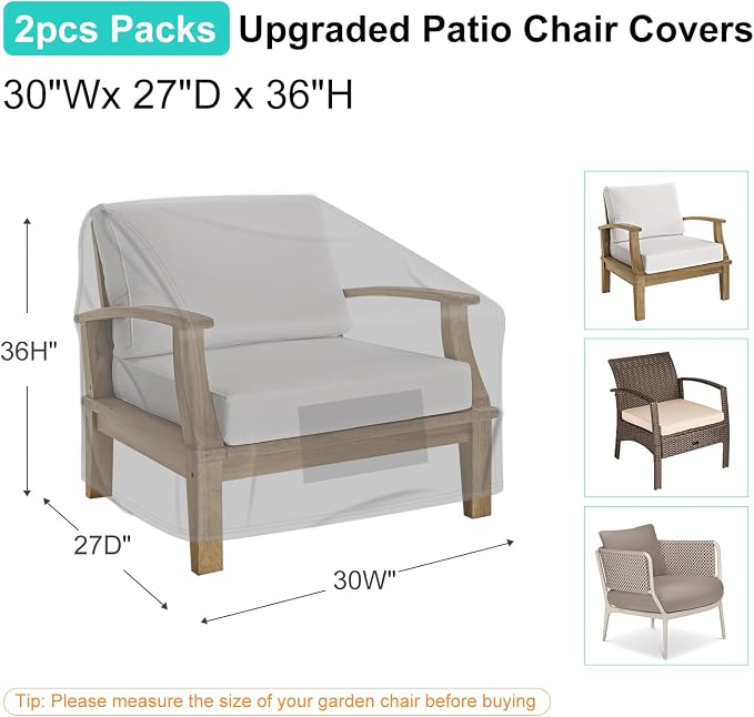 Patio Chair Covers for Outdoor Furniture Waterproof 2 Pack, Lawn Chair Covers 600D Heavy Duty Oxford Cloth, Large Covers for Lounge Lawn Deep Seat 30" W x 27" D x 36" H-Gray