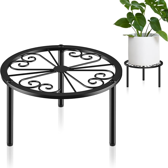 TOSKING Heavy Duty Metal Plant Stand - 9" Round Classic Scroll Pattern, Adjustable Non-Slip Leveling Feet, Rustproof, Decorative Display Shelf for Small to Medium Plants, Indoor/Outdoor, Black (9"Dia x 5.2"H)