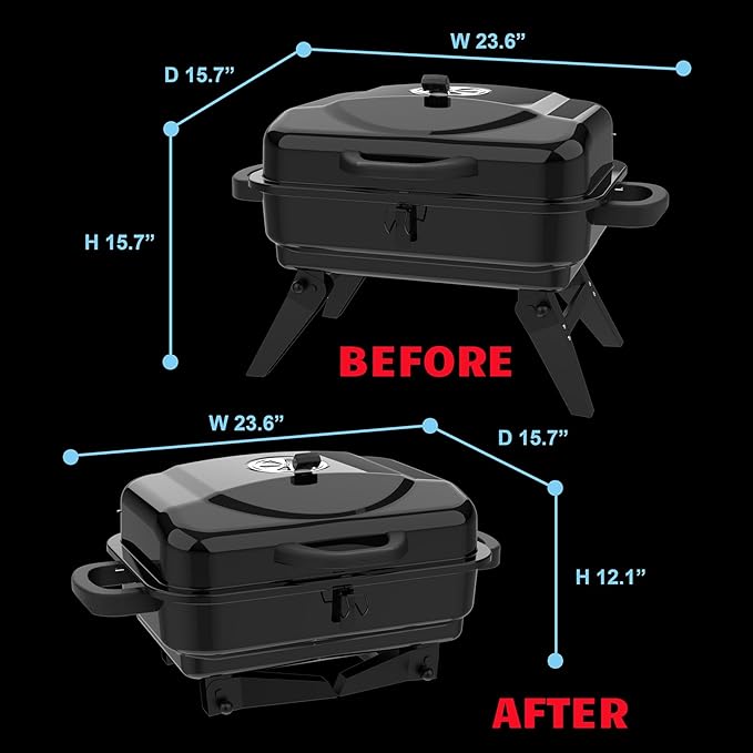 BBQCuker Portable Charcoal Grill with Warming Rack, Small Tabletop Barbecue Grill, Foldable Legs, Adjustable Vent, Total 343 Sq. In.Cooking Space, Outdoor BBQ Grill for Camping and Picnics (Black)