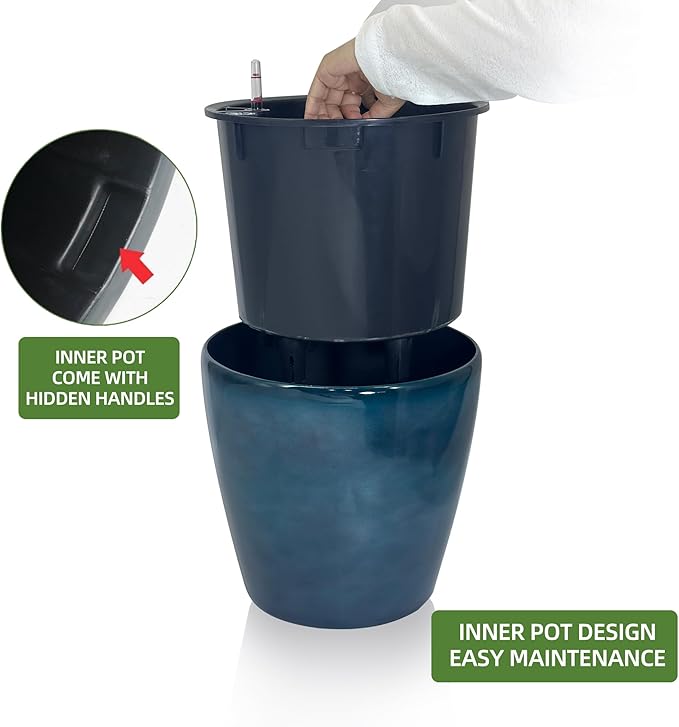 Dexceder 13x12 Self Watering Planter with Wheels (Grayish Green Gradient) | Inner Pot Design, Thickened Large Floor Standing Flower Plant Pot with Water Level Indicator Indoor Outdoor