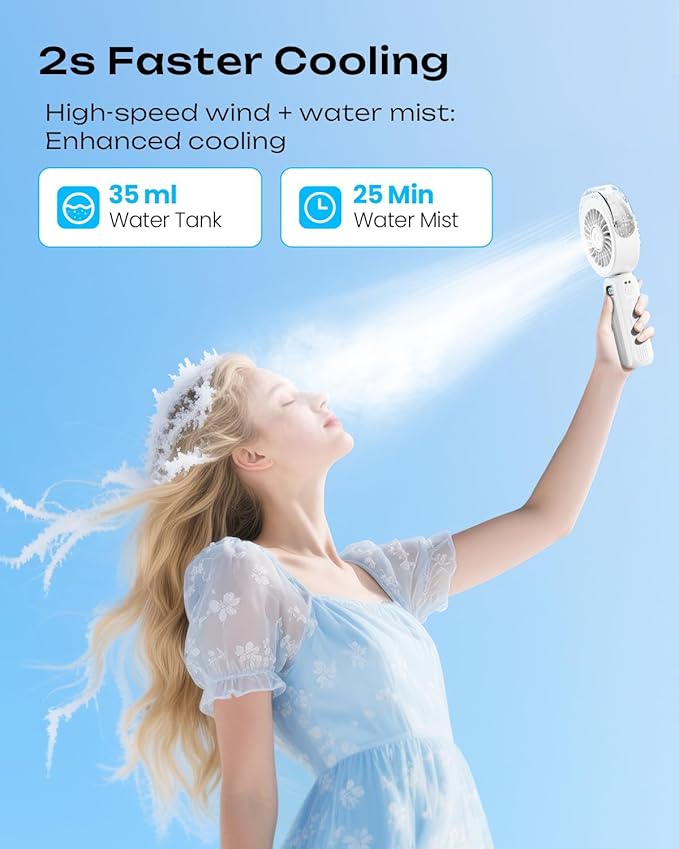 Otlonpe Handheld Misting Fan Portable, Powerful 4 High Speeds Rechargeable Small Hand Held Fan Water Mist, 4000mAh Battery Operated, Foldable, Lanyard, Personal Cooling for Travel Men Wome