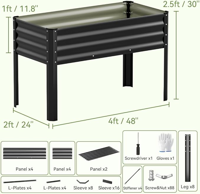 COMHOMA 2 Pack Raised Garden Bed with Legs 4x2x2.5ft,Large Elevated Galvanized Metal Planter Box with Drainage Holes,Outdoor Growing Kit with Gloves Tools for Backyard Patio Lawn,Black