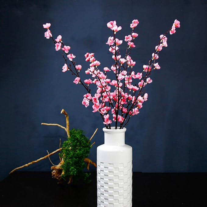 5 Pcs Artificial Plum Blossom Fake Wintersweet Long Stem Plastic Flowers Home Hotel Office Wedding Party Garden Decor 27.5'' High Pink