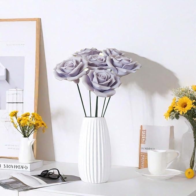 Handmade Porcelain 3D Ceramic Rose Flower, Eternal Flower Decoration for Home Office Decor, Creative Desktop vases, Porcelain Decorations, Exquisite, Set of 6 (Purple)