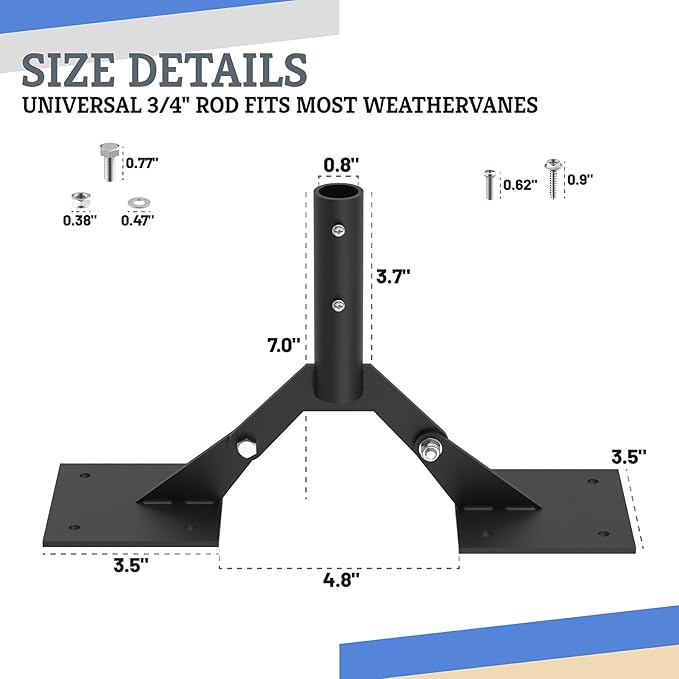 Adjustable Weathervane Roof Mount, 401AL Sturdy Mounting Bracket Fits Good Directions Standard Size Weathervane Pole Up to 3/4" Diameter