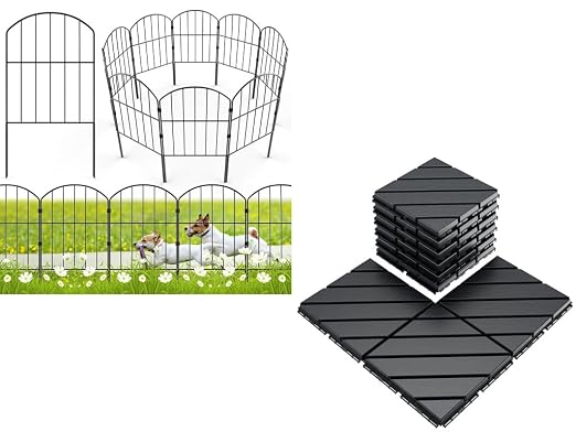 Plastic Interlocking Deck Tiles, 12"x12"(Pack of 9)-Decorative Garden Fence 19 Panels, Total 20ft (L) x 24in (H) Rustproof Metal Wire Fencing Border Animal Barrier