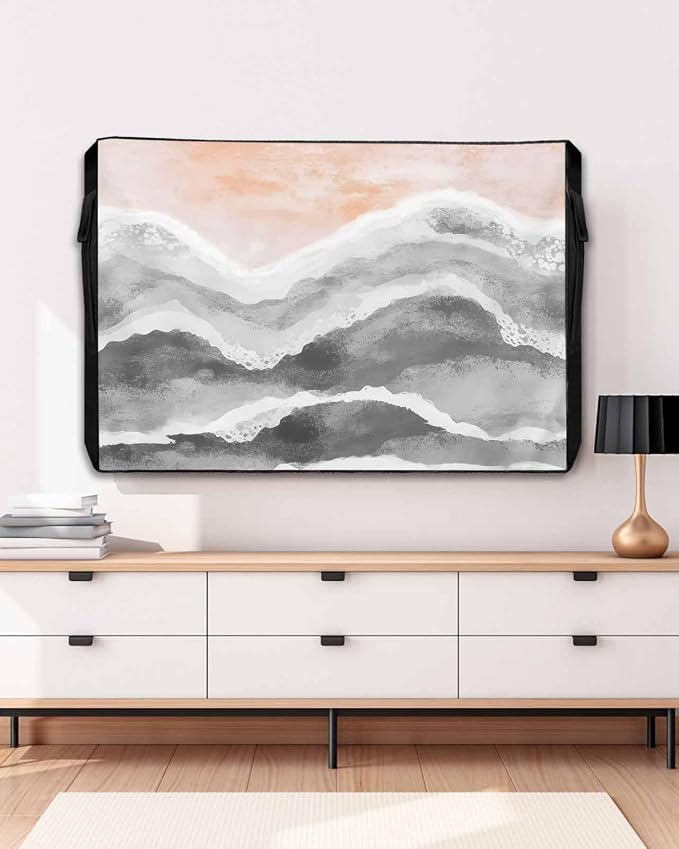 Outdoor TV Cover for Outside Flat Screen,Gray Gradient Water Ripples 600D Thick Waterproof Weatherproof Outdoor TV Screen Protector with Zipper for 70 to 75 Inch Flat Screens Boho Beach Ocean Style