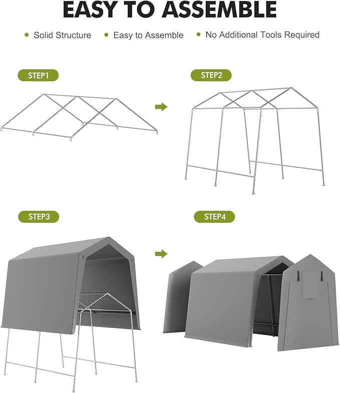GarveeHome 7 x 12 Ft Carport Storage Shed, Portable Garage with Roll-Up Zipper Door, Heavy Duty Waterproof Tarp, Storage for Motorcycle, Bike, Firewood, Garden Tools, Grey