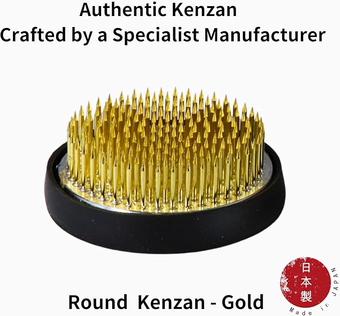 Authentic Japanese Round Kenzan Flower Frog – Made in Japan Ikebana Pin Holder for Flower Arranging (Round 2.4 in, Gold)