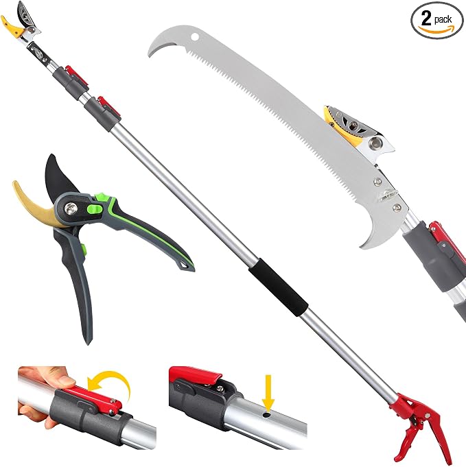 10FT Telescoping Pole Saw with Pruner, Extendable Tree Trimmer & Cut and Hold Fruit Picker for Garden Harvesting, Cherry, Avocado, Citrus