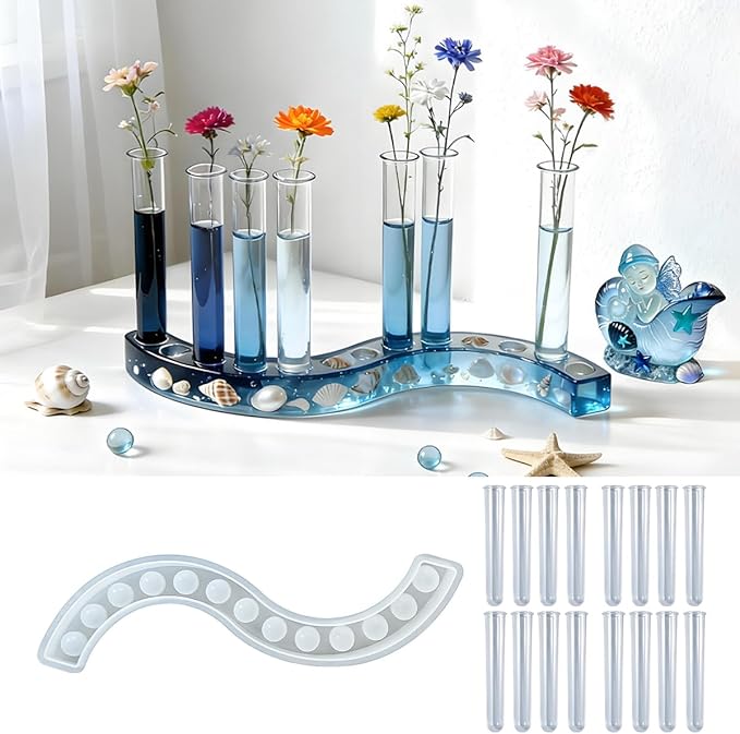 Flower Vase Resin Molds Silicone， Circular and Curved Silicone vase Base+32 Flower Arranging Test Tubes, Suitable for Inserting Fresh Flowers and Cultivating Plants, Desktop Vases Home Decor (A)