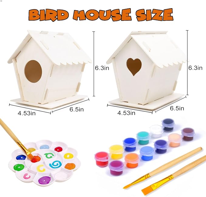 hapray 2 Pack Bird House Kit, DIY Birdhouse Kits, Wooden Crafts Arts for Children to Build and Paint (Includes Paints & Brushes) for Kids Girls Boys Toddlers Halloween Gifts