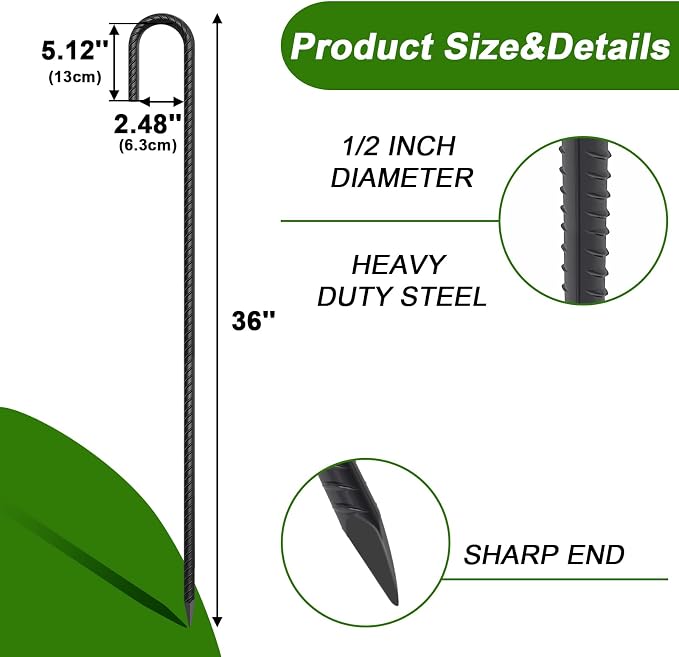 AAGUT Rebar Stakes 36 Inch J Hook Heavy Duty 10 Pack, 1/2 Inch Extra Long Tent Stakes with Chisel Point End, Black Coated Metal Ground Anchors for Garden, Chain Link Fence, Greenhouse, Sculpture